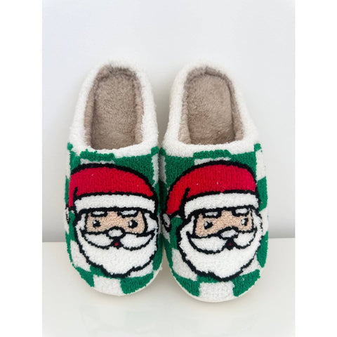 Festive Santa Green Checkered Cozy Slippers